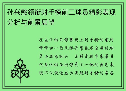 孙兴慜领衔射手榜前三球员精彩表现分析与前景展望